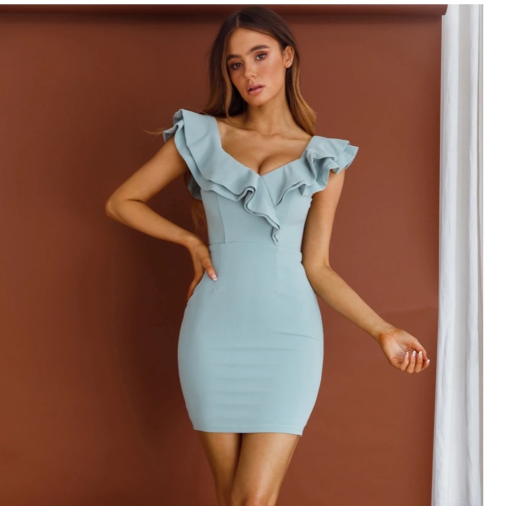 ROSSI OFF-SHOULDER DOUBLE RUFFLE DRESS BLUE